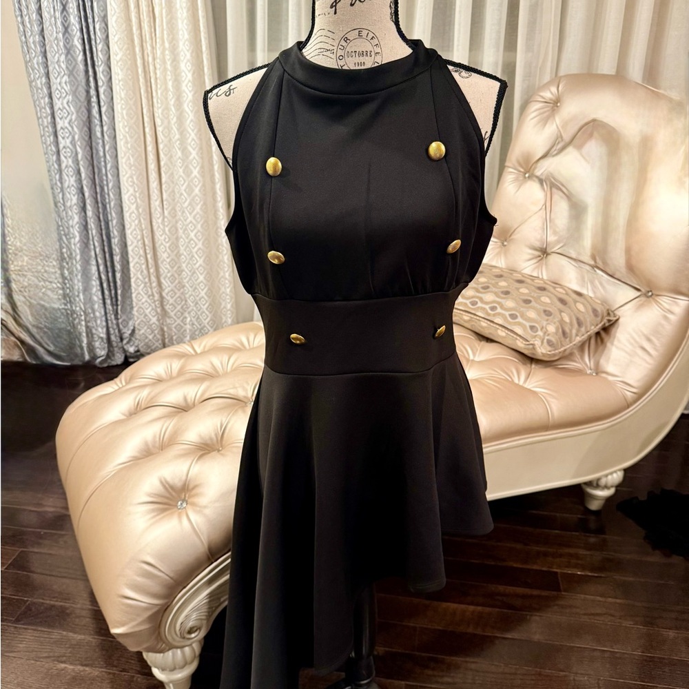 VENUS Black Asymmetrical Dress with Gold Buttons